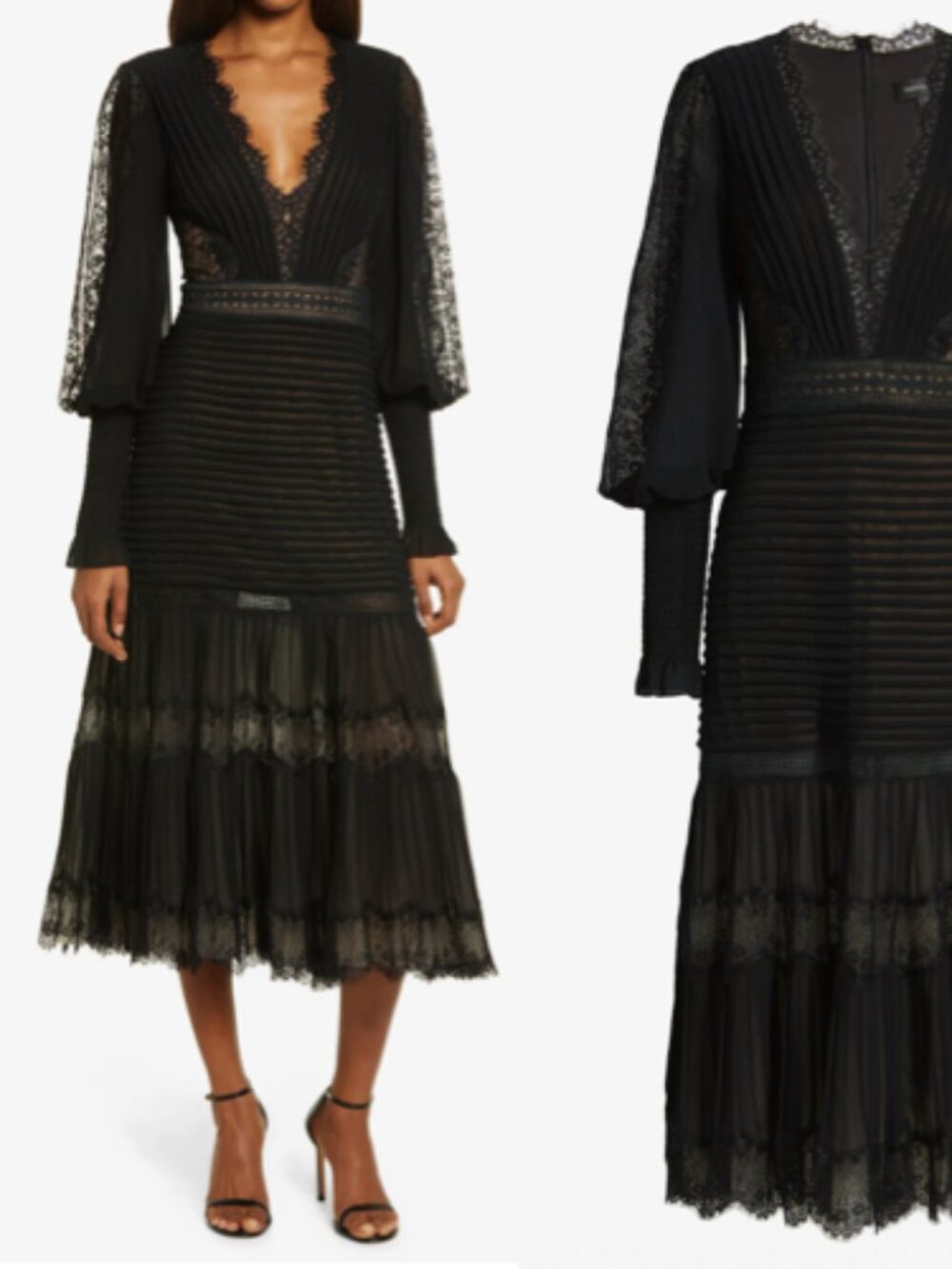 NWT Tadashi Shoji Nyssa Lace Pintuck Long Sleeve Midi Dress Black size 12